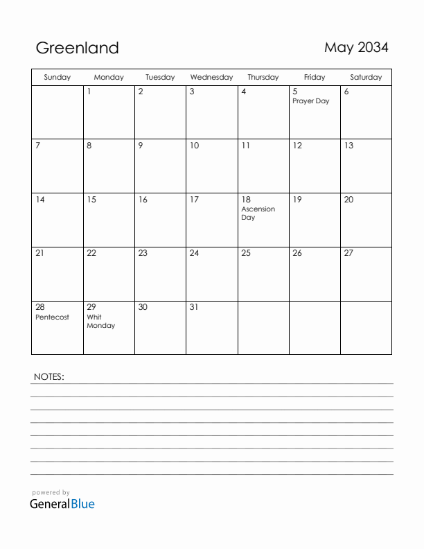 May 2034 Greenland Calendar with Holidays (Sunday Start)