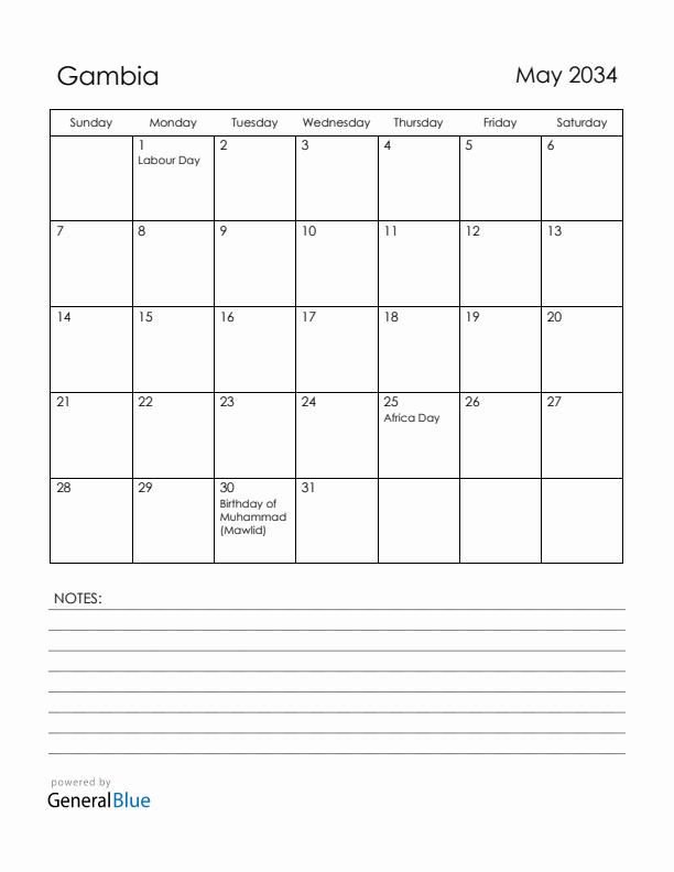 May 2034 Gambia Calendar with Holidays (Sunday Start)