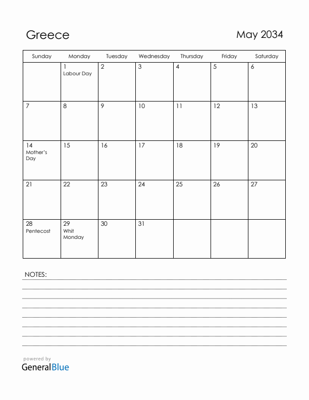 May 2034 Greece Calendar with Holidays (Sunday Start)