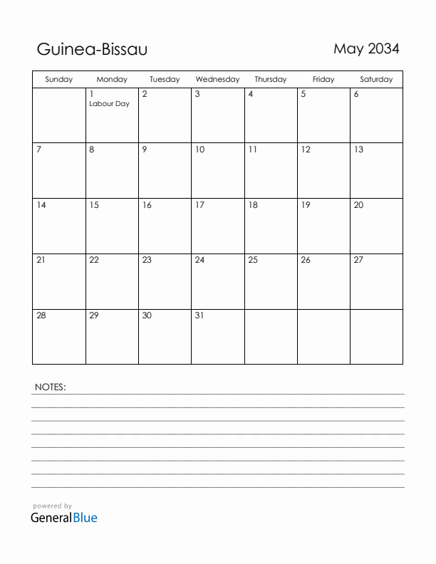 May 2034 Guinea-Bissau Calendar with Holidays (Sunday Start)