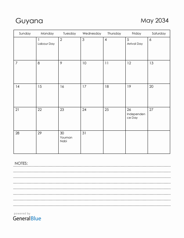 May 2034 Guyana Calendar with Holidays (Sunday Start)