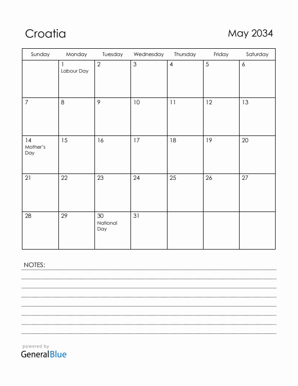 May 2034 Croatia Calendar with Holidays (Sunday Start)
