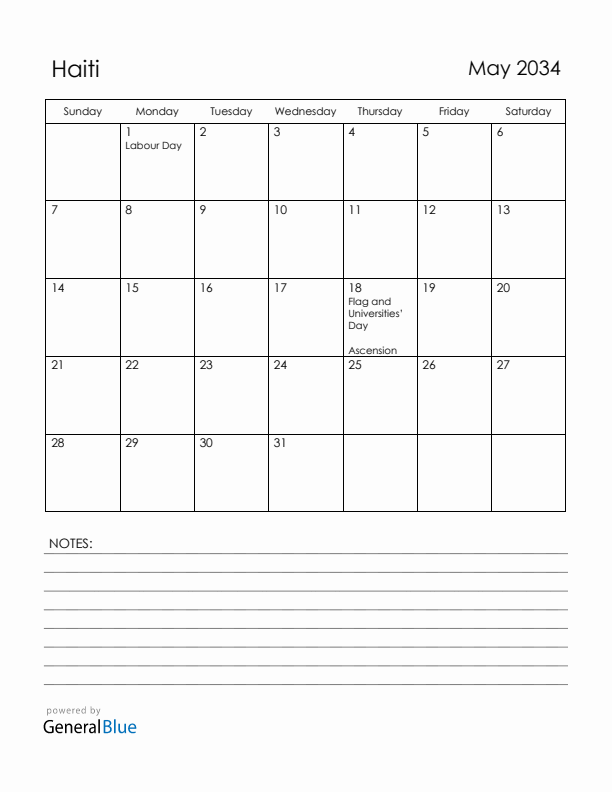 May 2034 Haiti Calendar with Holidays (Sunday Start)