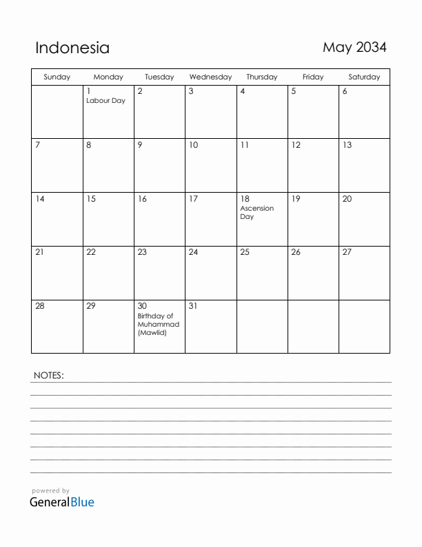 May 2034 Indonesia Calendar with Holidays (Sunday Start)