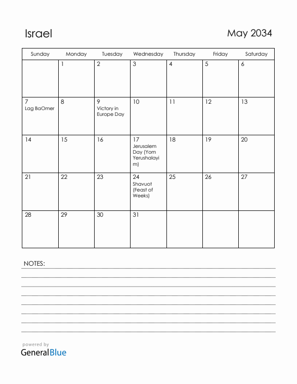 May 2034 Israel Calendar with Holidays (Sunday Start)