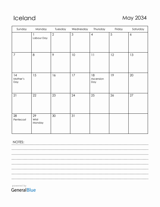 May 2034 Iceland Calendar with Holidays (Sunday Start)