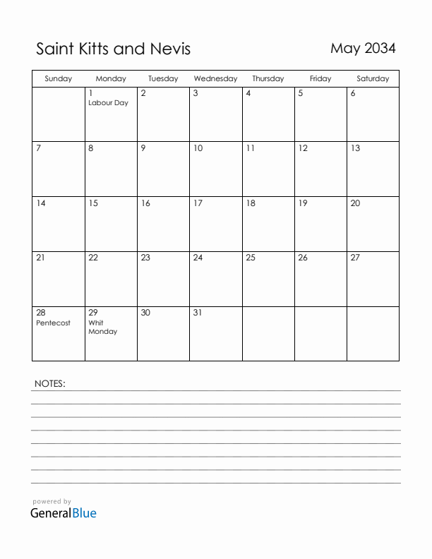 May 2034 Saint Kitts and Nevis Calendar with Holidays (Sunday Start)
