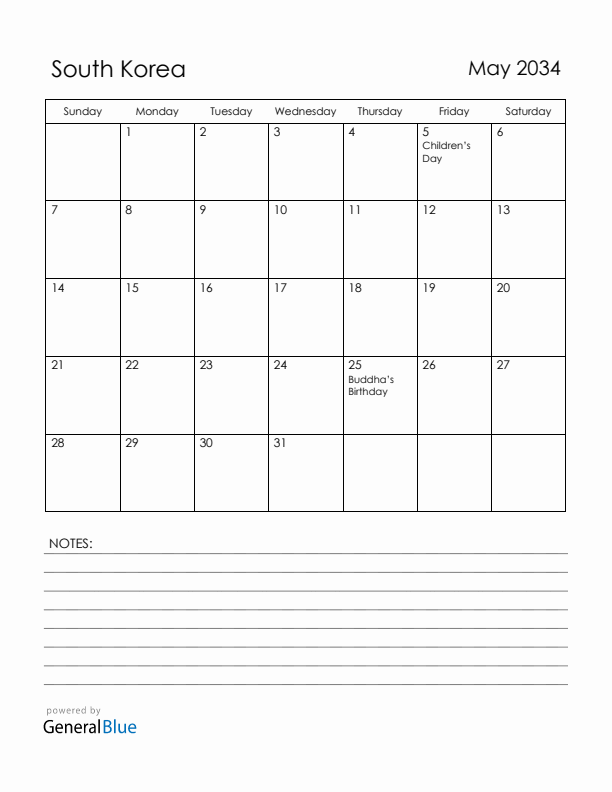 May 2034 South Korea Calendar with Holidays (Sunday Start)