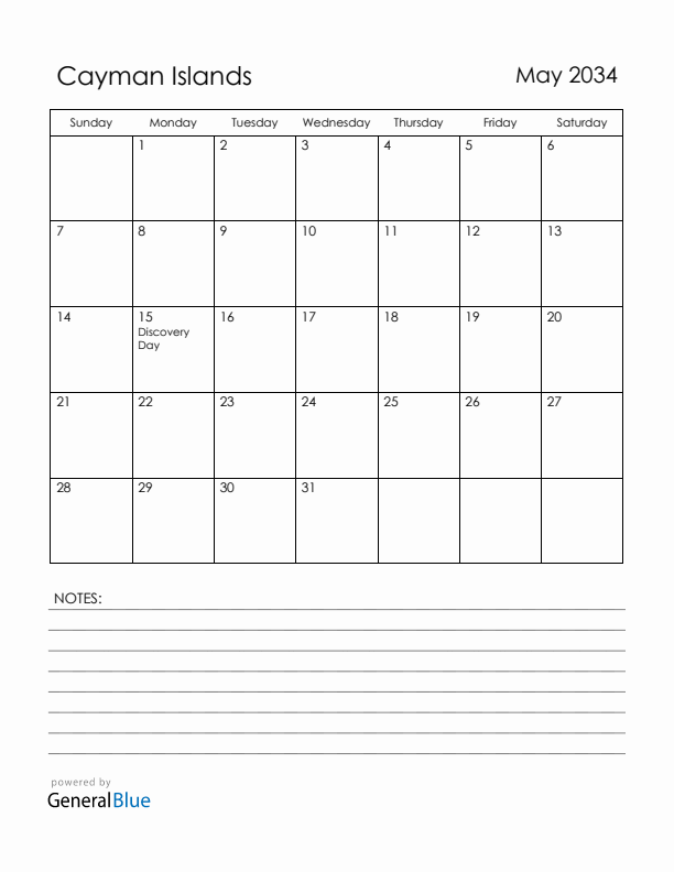 May 2034 Cayman Islands Calendar with Holidays (Sunday Start)