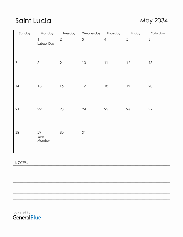 May 2034 Saint Lucia Calendar with Holidays (Sunday Start)