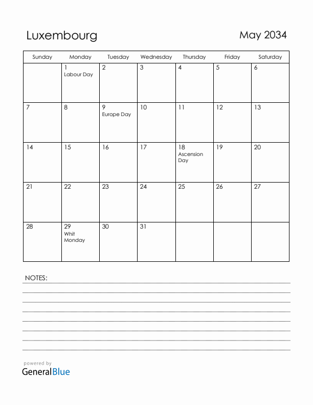 May 2034 Luxembourg Calendar with Holidays (Sunday Start)