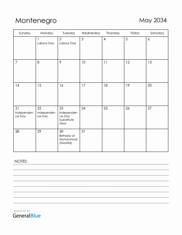 May 2034 Montenegro Calendar with Holidays (Sunday Start)