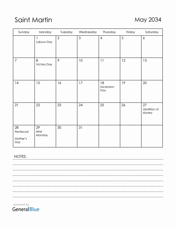 May 2034 Saint Martin Calendar with Holidays (Sunday Start)