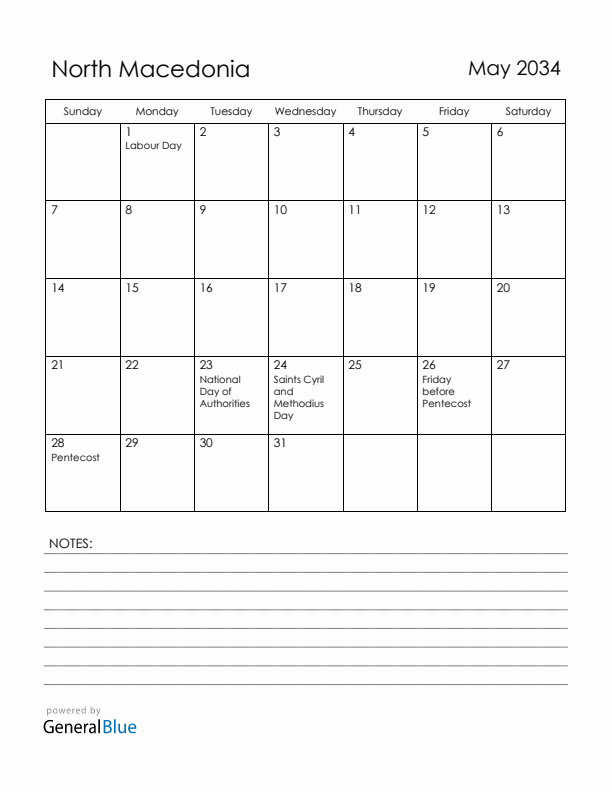 May 2034 North Macedonia Calendar with Holidays (Sunday Start)