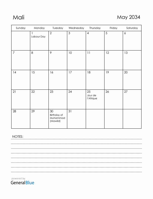 May 2034 Mali Calendar with Holidays (Sunday Start)