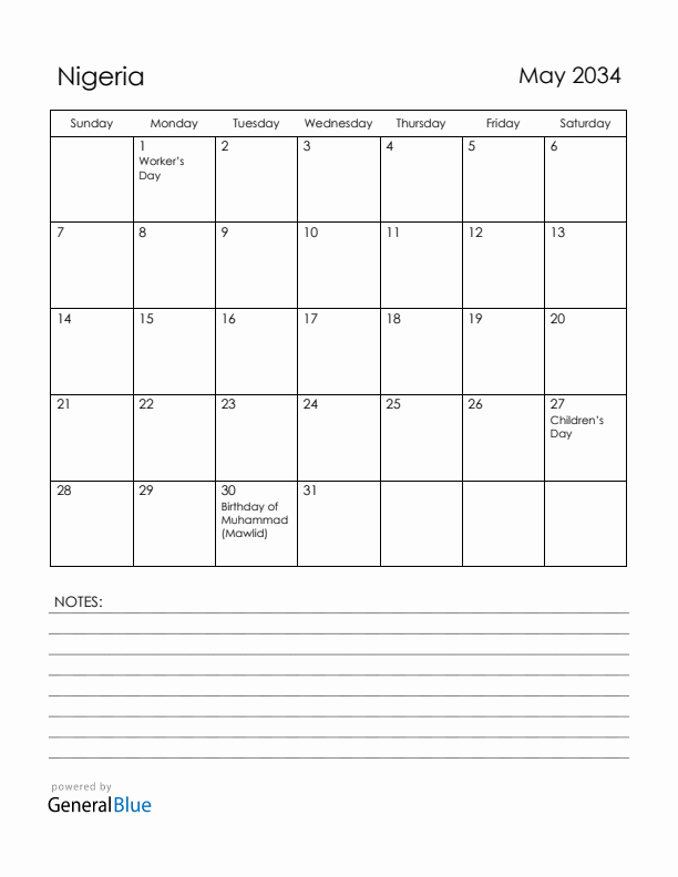 May 2034 Nigeria Calendar with Holidays (Sunday Start)