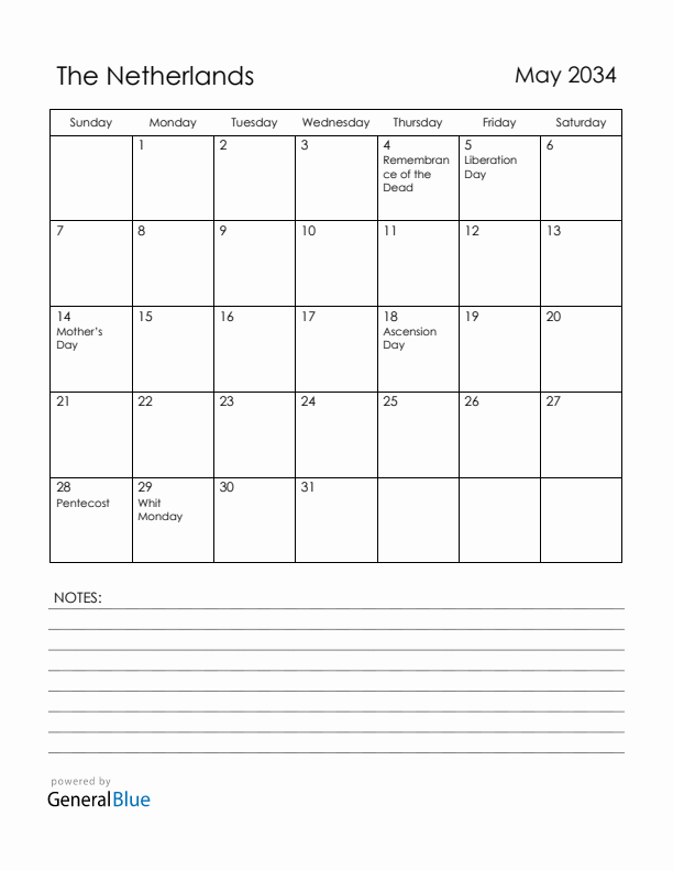 May 2034 The Netherlands Calendar with Holidays (Sunday Start)