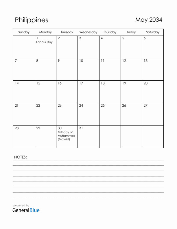 May 2034 Philippines Calendar with Holidays (Sunday Start)