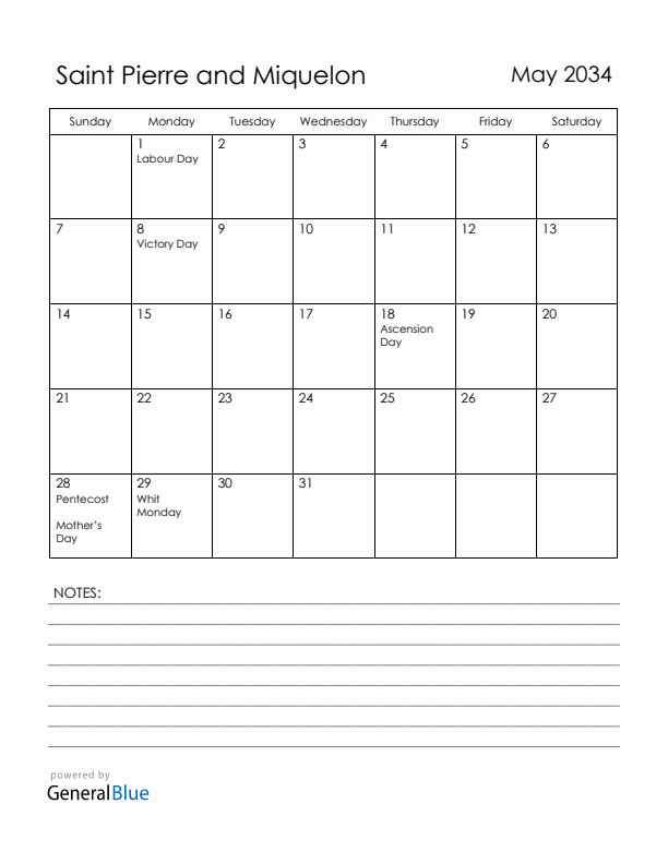 May 2034 Saint Pierre and Miquelon Calendar with Holidays (Sunday Start)