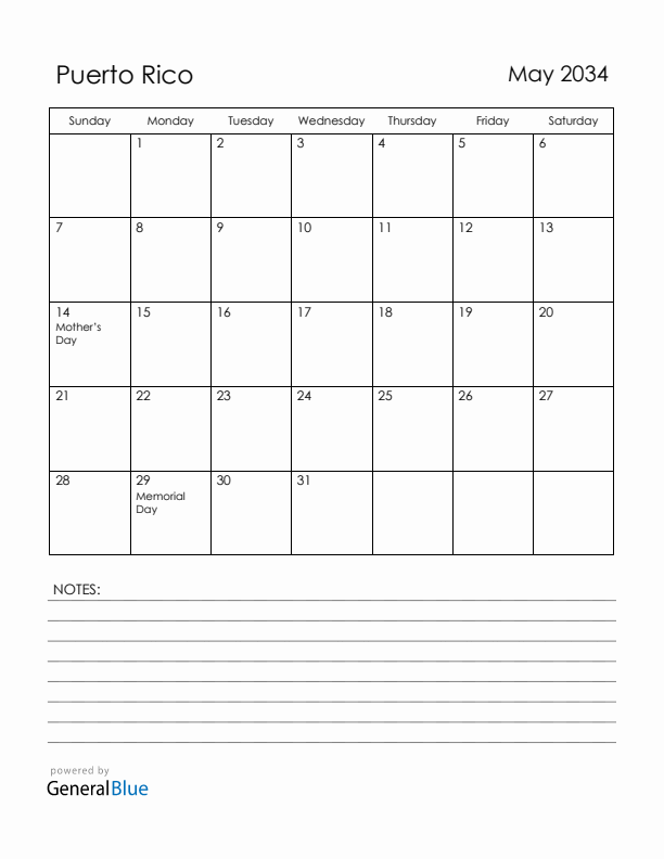 May 2034 Puerto Rico Calendar with Holidays (Sunday Start)