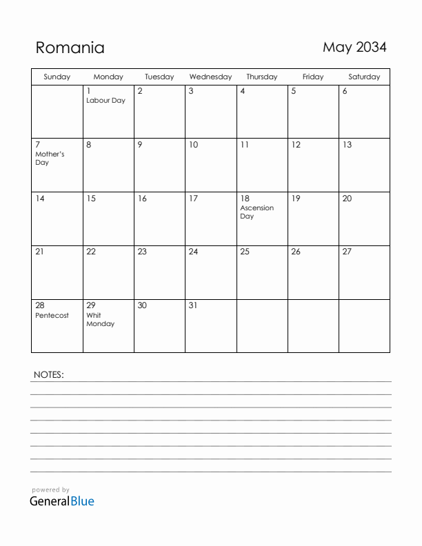 May 2034 Romania Calendar with Holidays (Sunday Start)