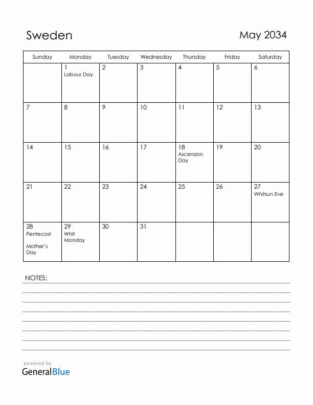 May 2034 Sweden Calendar with Holidays (Sunday Start)