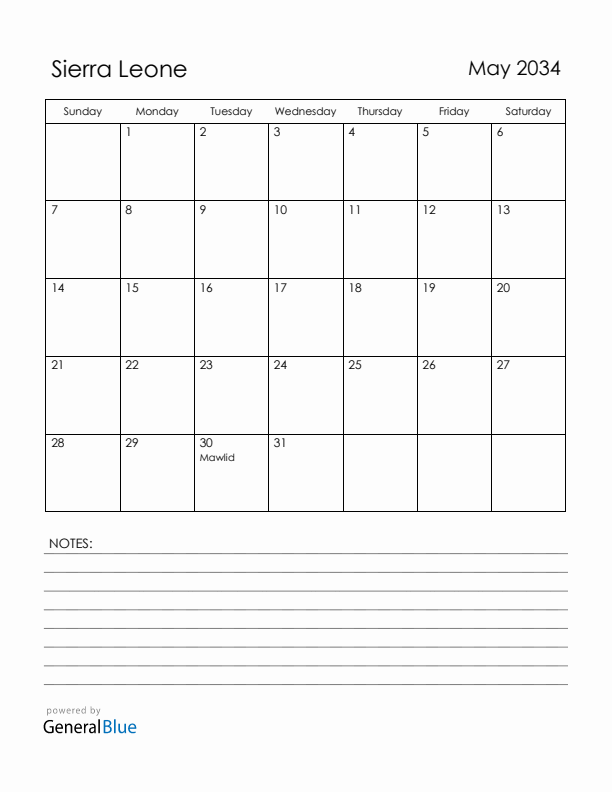 May 2034 Sierra Leone Calendar with Holidays (Sunday Start)