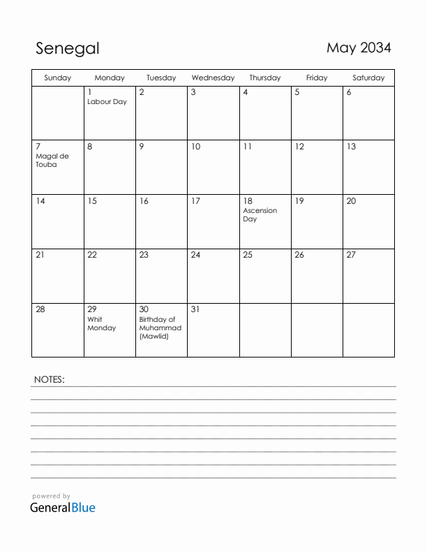 May 2034 Senegal Calendar with Holidays (Sunday Start)