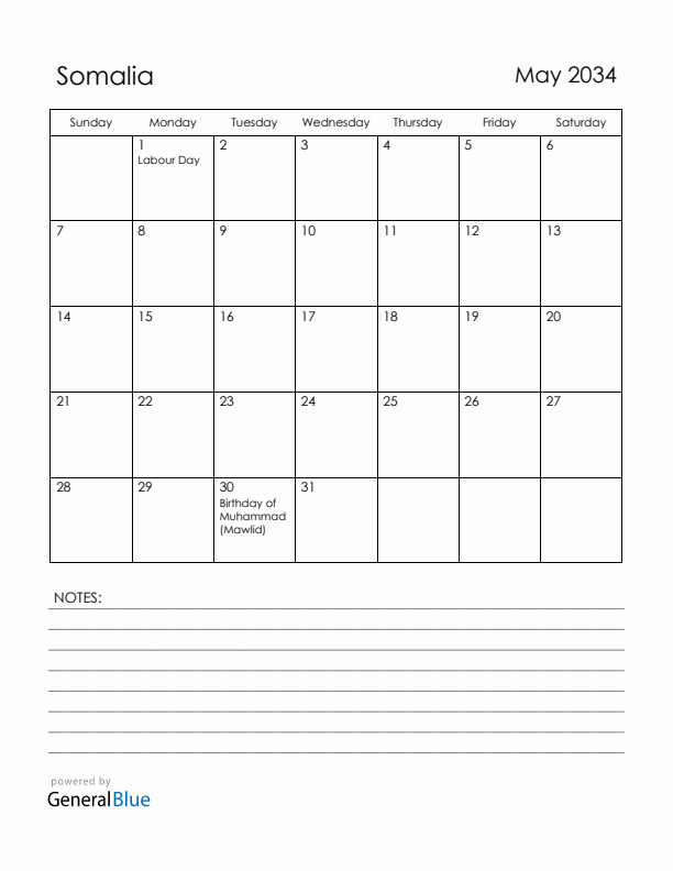 May 2034 Somalia Calendar with Holidays (Sunday Start)