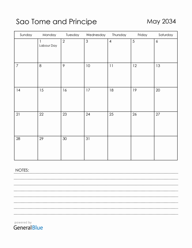 May 2034 Sao Tome and Principe Calendar with Holidays (Sunday Start)