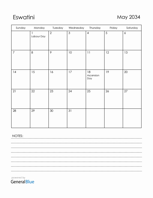 May 2034 Eswatini Calendar with Holidays (Sunday Start)
