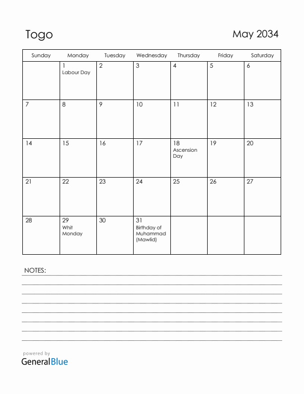 May 2034 Togo Calendar with Holidays (Sunday Start)