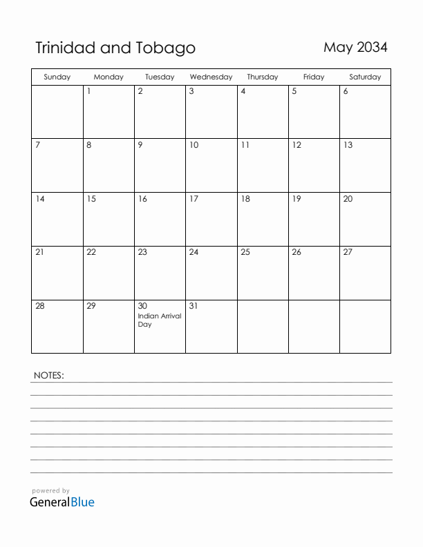 May 2034 Trinidad and Tobago Calendar with Holidays (Sunday Start)