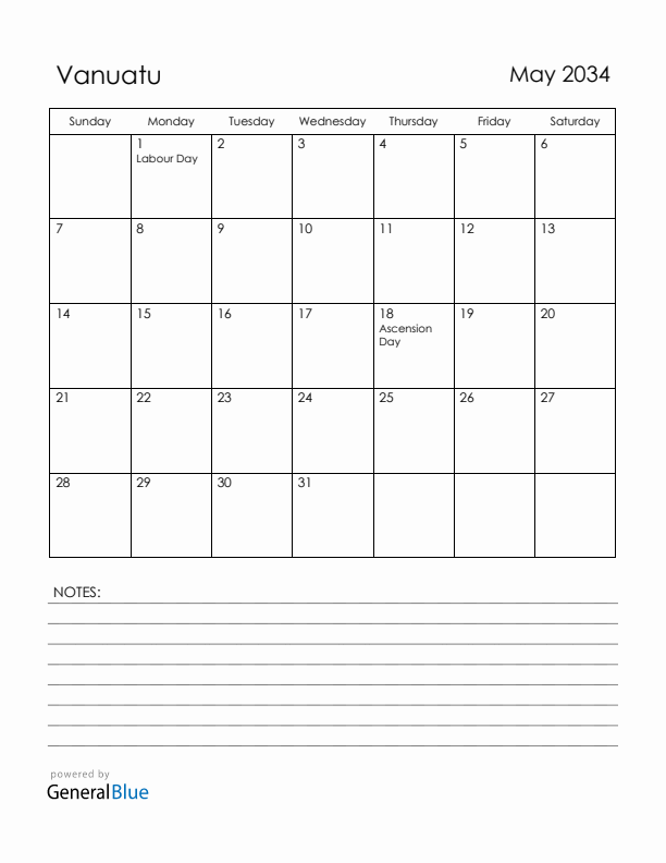May 2034 Vanuatu Calendar with Holidays (Sunday Start)