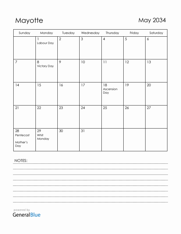 May 2034 Mayotte Calendar with Holidays (Sunday Start)