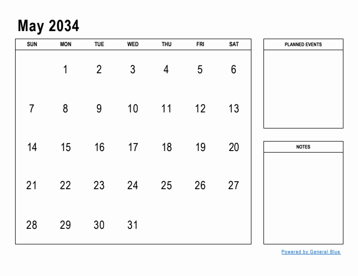 May 2034 Calendar Planner