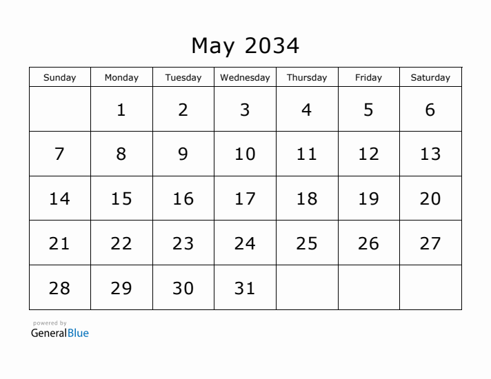 Printable May 2034 Calendar - Sunday Start