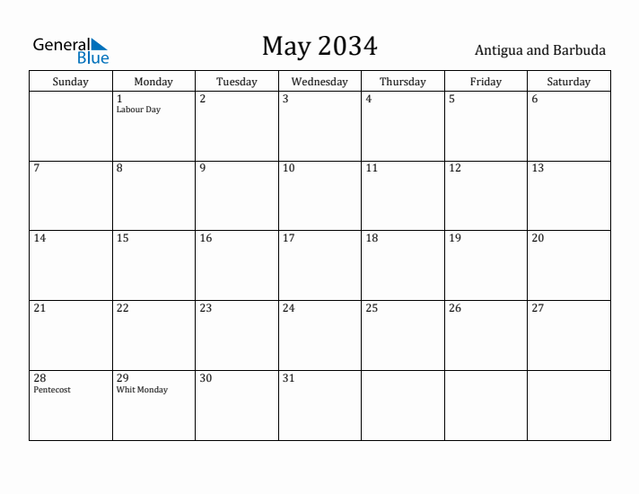 May 2034 Calendar Antigua and Barbuda