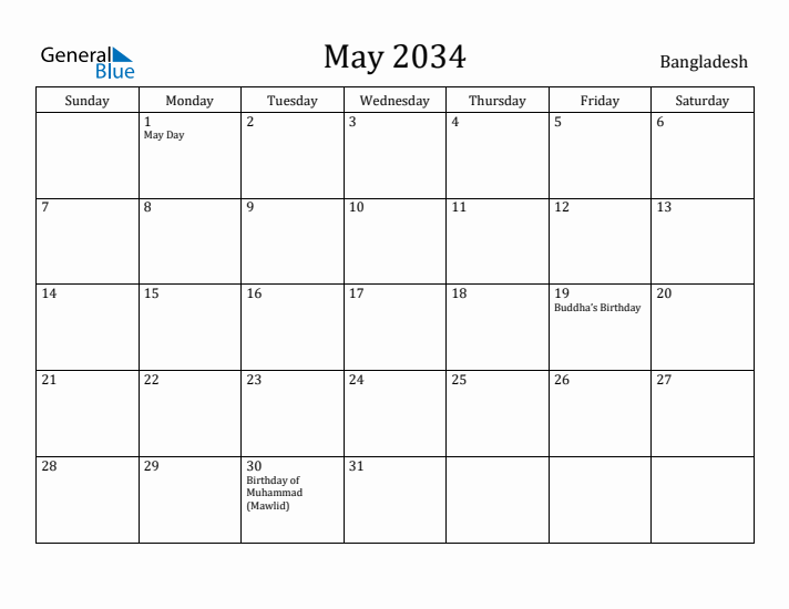 May 2034 Calendar Bangladesh