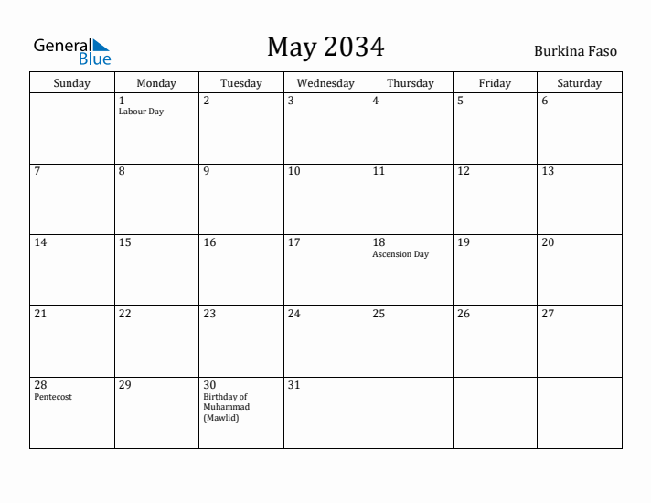 May 2034 Calendar Burkina Faso