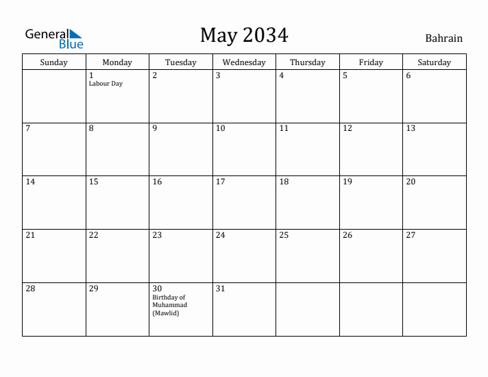 May 2034 Calendar Bahrain