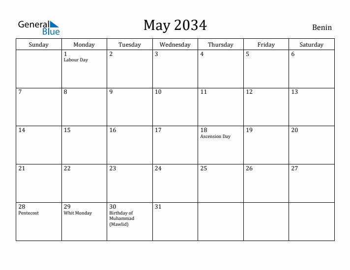 May 2034 Calendar Benin