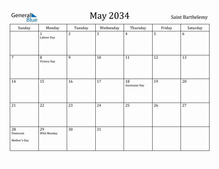 May 2034 Calendar Saint Barthelemy