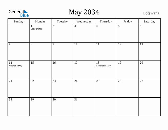May 2034 Calendar Botswana