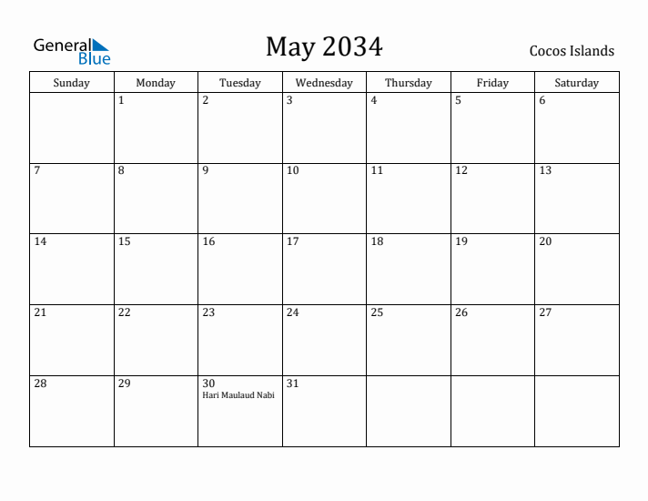 May 2034 Calendar Cocos Islands
