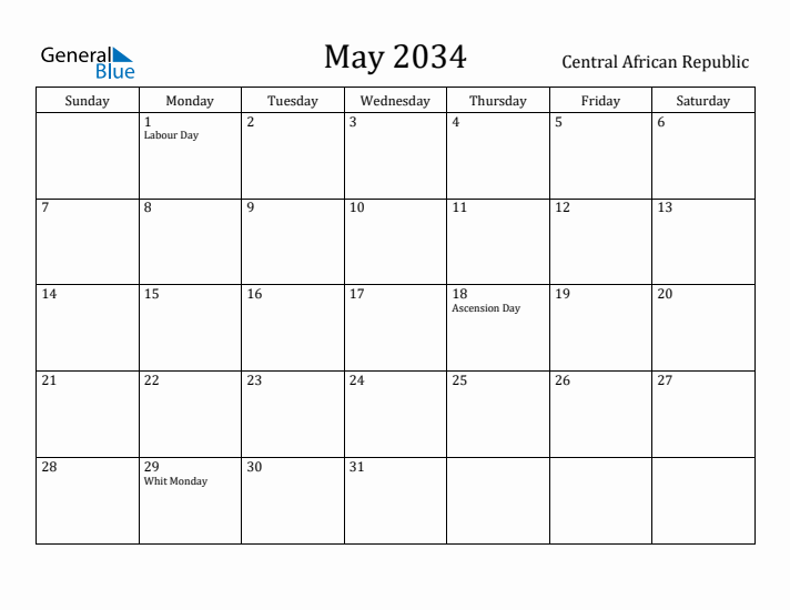 May 2034 Calendar Central African Republic
