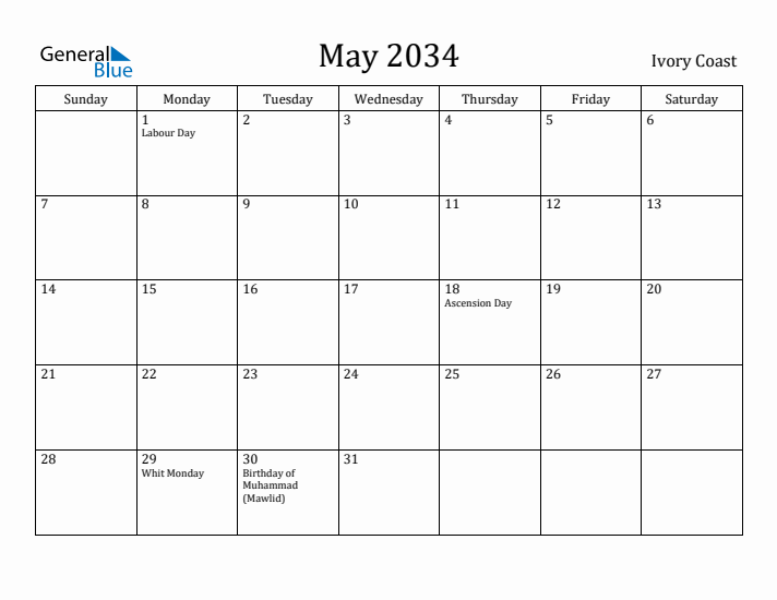 May 2034 Calendar Ivory Coast