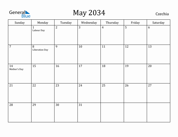 May 2034 Calendar Czechia
