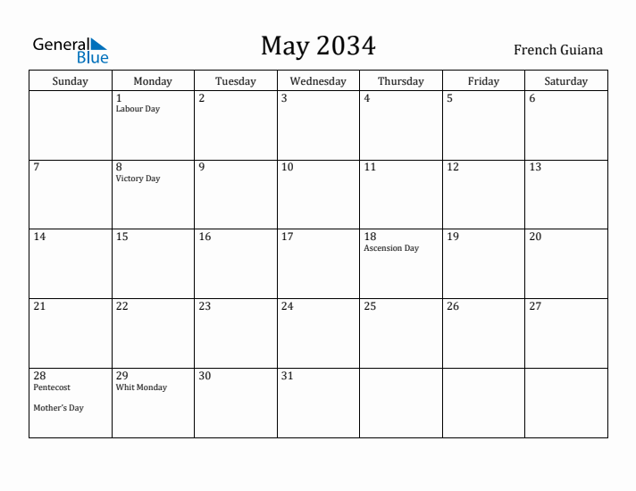 May 2034 Calendar French Guiana