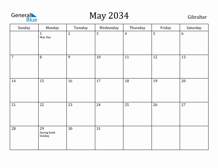 May 2034 Calendar Gibraltar